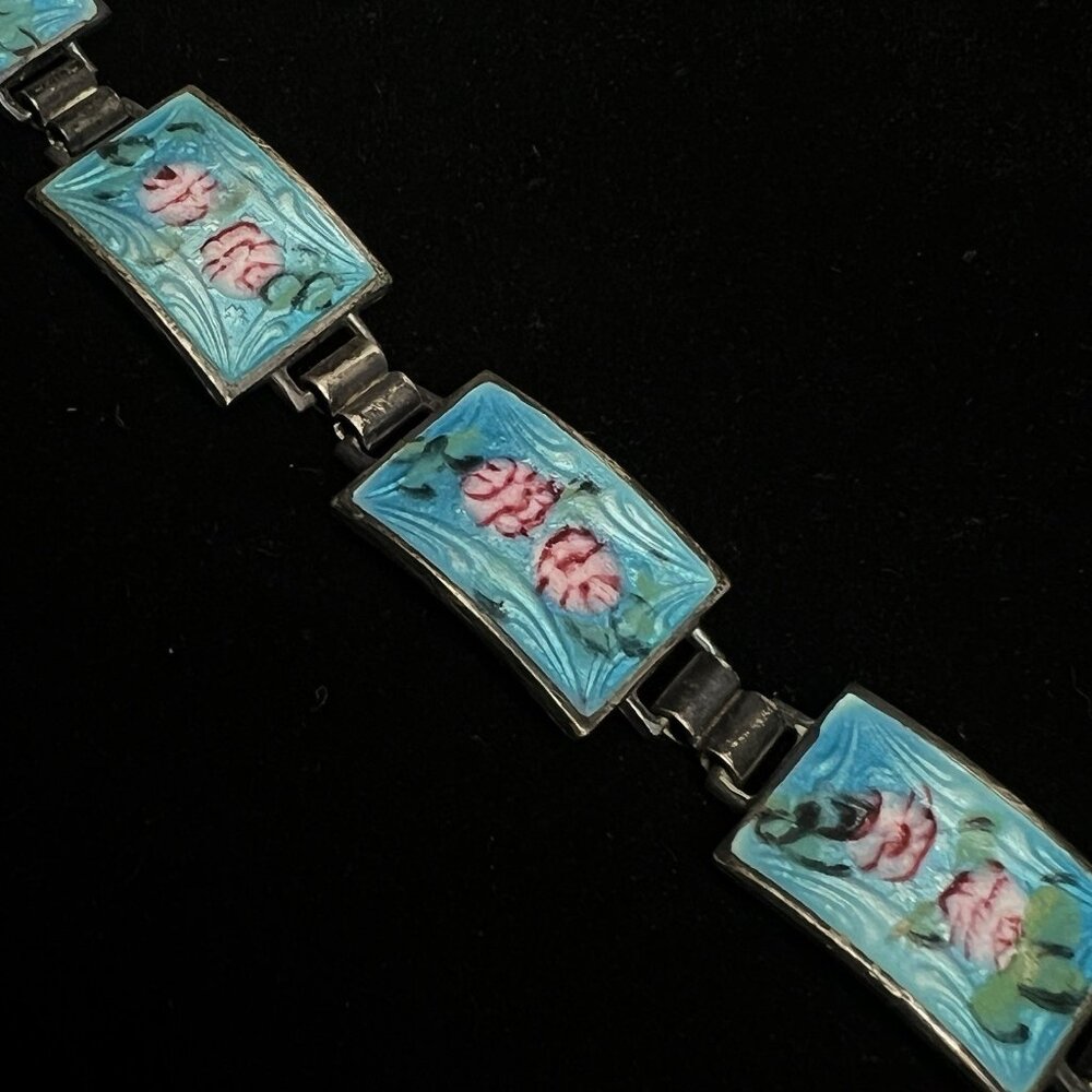 Vintage Sterling Silver Guilloche Panel Link Bracelet 19.9g Pink Roses 6.5" - Picture 3 of 13